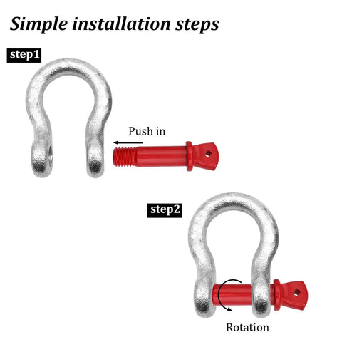 Installation steps for Beefy 2 Pack 3/8 Inch D Ring Anchor Shackles With Screw Pin Clevis Design for winch recovery.