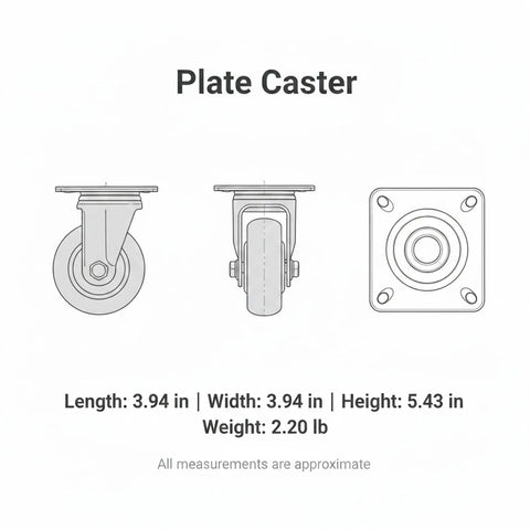 Diagram of Heavy Duty Plate Caster With Brake 5.9 X 5.9 Inch Plate Mount showcasing side and top views.