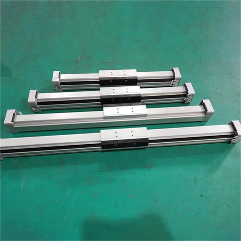 Top Shelf Pneumatic Rodless Cylinder Featuring Precision Linear Guide For Smooth Straight Stroke Motion Control 18 25 32 40mm heavy duty actuators in varied sizes.
