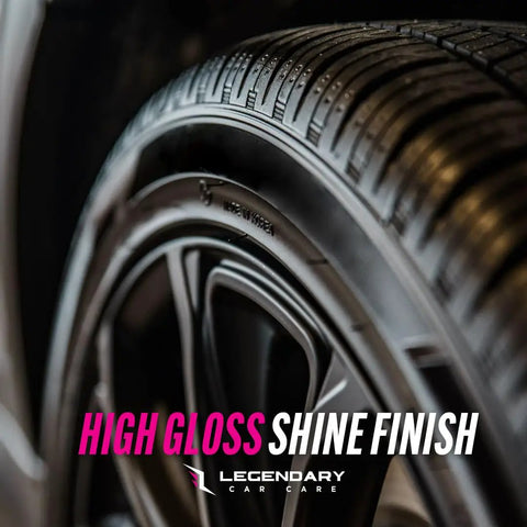 Close-up of a tire showing high gloss finish from Dope Shine Gloss Dressing With Applicator 16oz Tire Shine Spray And Plastic Restorer For Cars Water Based Non Greasy Interior Exterior Detailing Spray For Trim Rubber Vinyl And Plastic.