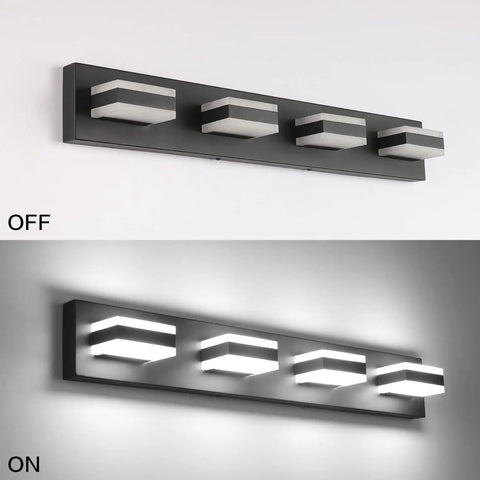Matte Black 4 Light Bathroom Vanity Light Fixture With LED Dimmable Bulbs, 32W Cool White 6000K, Off and On States View