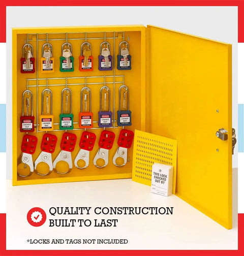Lockout Tagout Cabinet Kit For Safe Padlock Storage And Quick Access Control Center Double Wide Yellow Meets OSHA Standards opened showing storage capacity.