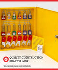 Lockout Tagout Cabinet Kit for Padlocks with open door showing padlock slots and control tags, OSHA compliant LOTO center.