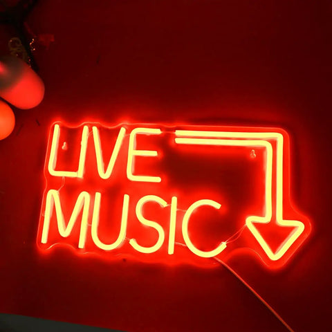 Live Music Neon LED Sign Handcrafted Wall Decor Light 17 By 11 Inches with red glowing letters and arrow on wall