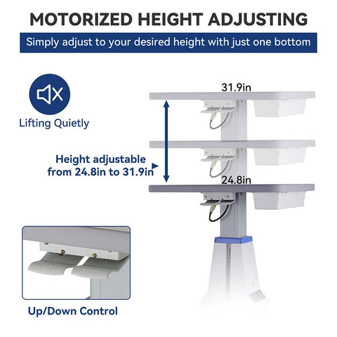 Motorized Ophthalmic Instrument Table With Drawer showing adjustable electric lift mechanism and height range