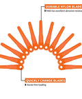 24 Pack Plastic Replacement Blades For PolyCut Trimmer Heads 6-2 6-3 7-3 28-2 48-2 Fits Weed Eater Stihl Durable 145mm Nylon Construction Easy Install Replacement Blades, orange plastic blades arranged in a semi-circle