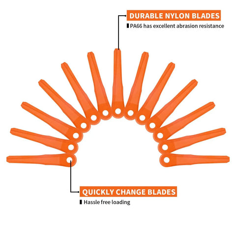 24 Pack Plastic Replacement Blades For PolyCut Trimmer Heads 6-2 6-3 7-3 28-2 48-2 Fits Weed Eater Stihl Durable 145mm Nylon Construction Easy Install Replacement Blades, orange plastic blades arranged in a semi-circle