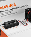 14.6V 40A Lithium Battery Charger For LiFePO4 12V Batteries Mountable With Handle And LED Indicator, connected to battery