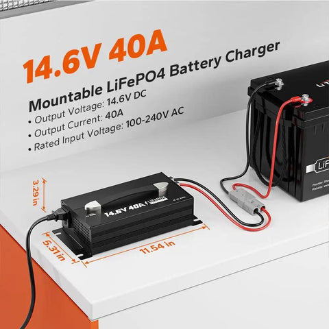 14.6V 40A Lithium Battery Charger For LiFePO4 12V Batteries Mountable With Handle And LED Indicator, connected to battery