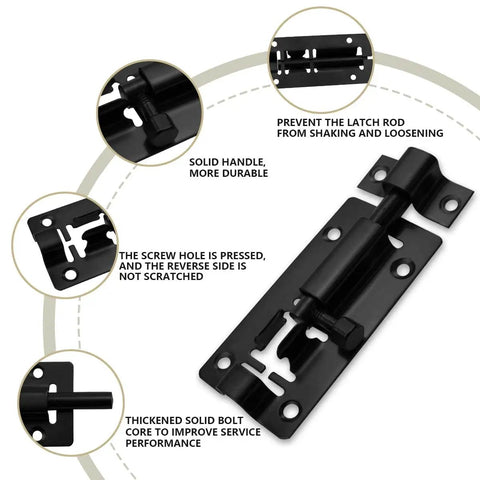 Built Like A Tank Heavy Duty Slide Barrel Bolt 3 Inch Stainless Steel Latch For Door Security Rust Resistant Sliding Lock For Fence Gate Or Shed Reliable Protection Black 12Pcs close-up of latch components and features.