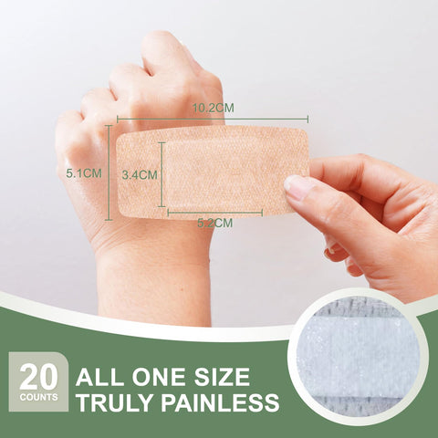 Person holding Silicone Adhesive Bandages For Fragile Skin 2x4 Inch XL Pack Of 20, showcasing breathable and painless features