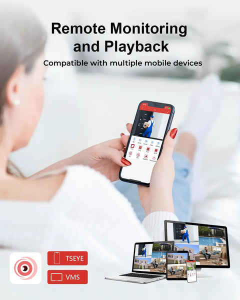 Person using remote access feature of Four Channel 1080P Wired Home Security Camera System With 512GB HDD on a mobile device.