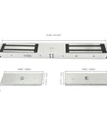 Tough As Nails 1200 Lbs Double Door Electromagnetic Lock With 12V Fail Safe NC Mode And Stainless Steel Housing For Heavy Duty Access Control Systems No Sweat Install, dimensions shown.