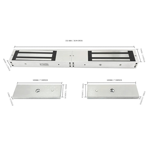 Tough As Nails 1200 Lbs Double Door Electromagnetic Lock With 12V Fail Safe NC Mode And Stainless Steel Housing For Heavy Duty Access Control Systems No Sweat Install, dimensions shown.