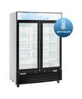 Shop Grade 49 Cubic Foot Double Glass Door Commercial Merchandiser Freezer In Clean White with transparent doors and adjustable shelves.