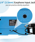 Back view of Tiny But Mighty 5W Mini Guitar Amp With Bluetooth 5.0, featuring earphone input jack, blue edition, with headphones attached.