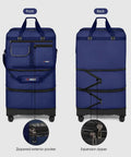 Front and back view of navy 36 Inch Rolling Duffel Bag With Wheels, Expandable Three Layer Design, Hardshell Base, Water Resistant Oxford Cloth.