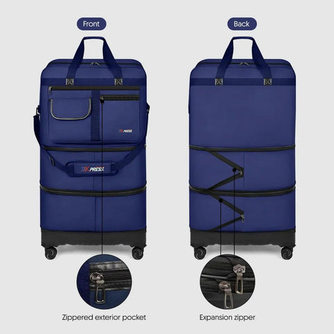 Front and back view of navy 36 Inch Rolling Duffel Bag With Wheels, Expandable Three Layer Design, Hardshell Base, Water Resistant Oxford Cloth.