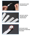 Feeler gauge set with 32 stainless blades; dual-marked metric and SAE sizes; laser-etched scales, anti-rust coating, removable blade screw.