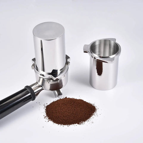 53.4mm Espresso Dosing Cup In 304 Stainless Steel With Grinder Trigger Button Fits 54mm Breville Portafilters next to coffee grounds