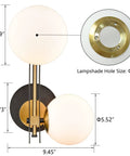 Black And Gold Globe Wall Sconce Set Two Light Fixture In Mid Mod Style with brass and black finish, milk glass globes, dimensions shown