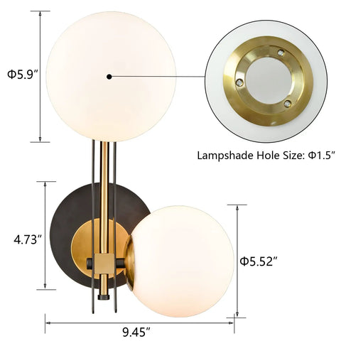 Black And Gold Globe Wall Sconce Set Two Light Fixture In Mid Mod Style with brass and black finish, milk glass globes, dimensions shown