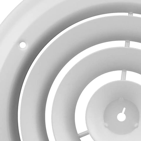 Close-up of Round Ceiling Diffuser 8 Inch White With 360 Degree Air Deflection And Step Down Diffuser Ring Steel Construction