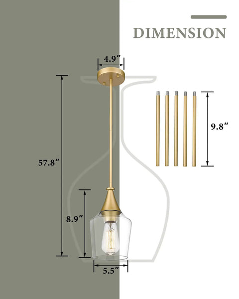 Gold Pendant Light With Clear Glass Shade Adjustable Height dimensions and components shown in diagram
