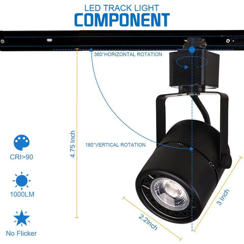 Go-To 10W H Type LED Track Light Heads 24 Degree Beam CRI 90 Dimmable 3000K Warm White 120V Halo Style with dimensions display
