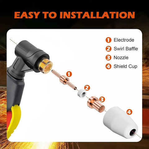 Solid 60 Pack Pt31 Plasma Cutter Consumables With Premium Nozzles Electrodes And Tips For Cut 40 Cut 50 Machines diagram showing parts including electrode, baffle, nozzle, and shield cup.