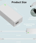 Replacement 18V Power Cord For Cricut Cutting Machines White AC DC Power Adapter size showing measurements and ports.