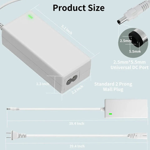 Replacement 18V Power Cord For Cricut Cutting Machines White AC DC Power Adapter size showing measurements and ports.