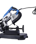 Straight Shooter Portable Band Saw Featuring 1100 Watt Motor And 5 Inch Depth Cut For Boss Level Cuts Variable Speed Compact Unit with angled swivel base.