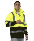 Hi Visibility Waterproof Rain Jacket With Mesh Lining Meets ANSI ISEA 107 2015 Class 3 Type R, yellow jacket on person