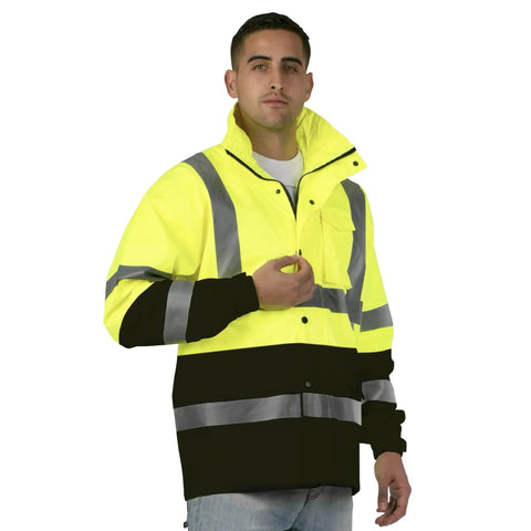 Hi Visibility Waterproof Rain Jacket With Mesh Lining Meets ANSI ISEA 107 2015 Class 3 Type R, yellow jacket on person