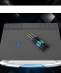 Top Shelf Anti Static Soldering Mat With ESD Safe Silicone Surface, no nonsense heat resistant repair pad with tools on grey background.