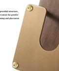 Boss Grade Wood And Copper Espresso Tamper Station Heavy Duty Coffee Tamping Stand close-up of trapezoidal brass structure.