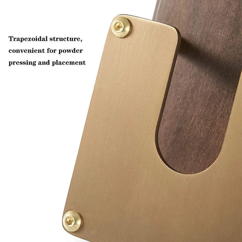 Boss Grade Wood And Copper Espresso Tamper Station Heavy Duty Coffee Tamping Stand close-up of trapezoidal brass structure.
