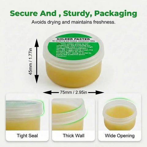Low Melt Solder Flux Paste 60C No Clean Rosin Formula High Activity For PCB Repair And Electronics Welding 100g Pack A Pro Grade, container dimensions 45mm x 75mm with tight seal packaging.