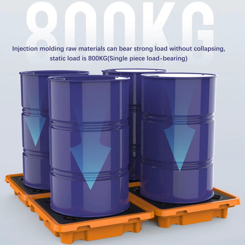 Heavy Duty Spill Proof Oil Tank Containment Tray Set For Warehouses And Shops, Leakproof Polyethylene Pallets, orange trays with blue barrels