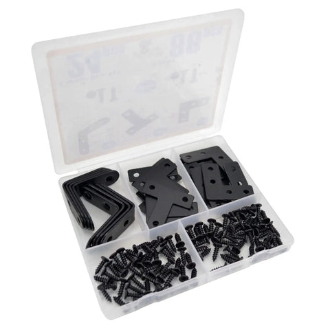 24 Pack Black Stainless Steel L Brackets And Corner Braces Kit With 88 Screws showing assorted brackets and screws in a storage case.