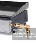Twelve Foot RV Propane Quick Connect Hose With Elbow Fitting For Blackstone 17 Inch And 22 Inch Tabletop Griddle Converts To RV Low Pressure System Includes Quarter Inch Safety Shutoff Valve And Male Full Flow Plug attached to Blackstone griddle