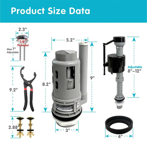 Dual Flush Toilet Valve Replacement Kit 3 Inch With Metal Tool And Bolts For Glacier Bay Aquasource Toto Water Ridge And More Fits 2 Piece Toilets Easy Install DIY Friendly Water Saving Silent Mode showing size data and included parts