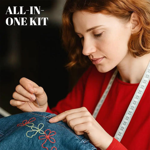 Person sewing fabric with 37 Piece Big Eye Stainless Steel Sewing Needles Kit for Handy Hand Sewing and Leather Repairs.