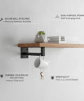 Must Have Wall Mounted Floating Shelf Bracket With Hooks In Black Finish Cold Rolled Steel Support For Standard Shelves Add Vertical Storage And A Shelf For Books Or Plants Plus Lower Hooks For Keys Bags displaying books and a plant