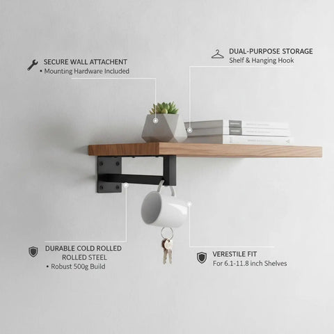Must Have Wall Mounted Floating Shelf Bracket With Hooks In Black Finish Cold Rolled Steel Support For Standard Shelves Add Vertical Storage And A Shelf For Books Or Plants Plus Lower Hooks For Keys Bags displaying books and a plant