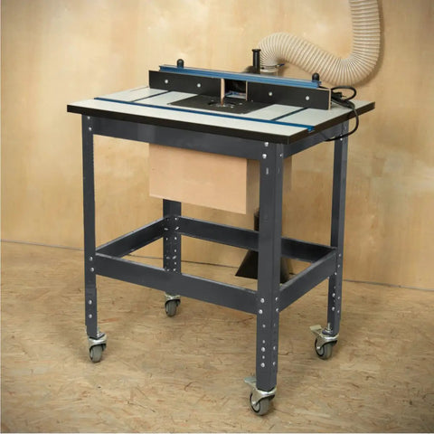 Heavy Duty Router Table Workbench Built Tough As Nails With 400 Pound Load Capacity And Adjustable Leveling Feet For Peak Shop Flexibility And Power Tool Setup on wheels with a dust collection port.