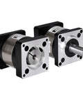 Two planetary gearboxes 50:1 for Nema 23 motors, with silver flanges and black housing.