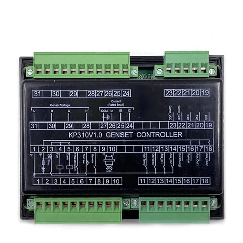 Remote Start And Stop Control Module For Generator Systems With Digital Display Panel Genset Controller Easy Install 1 Piece Replacement Durable Power Panel For Reliable Onsite Power Management. KP310 genset controller with green terminal blocks, front view