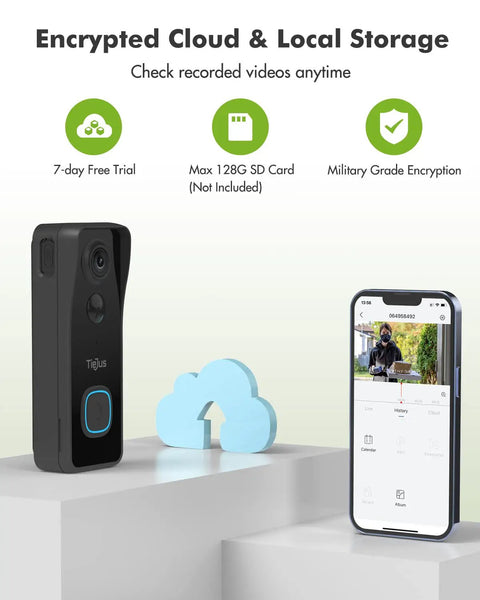 Wireless Video Doorbell With Chime and 2 Way Audio, Night Vision, AI Motion Detection, and app interface with cloud symbol